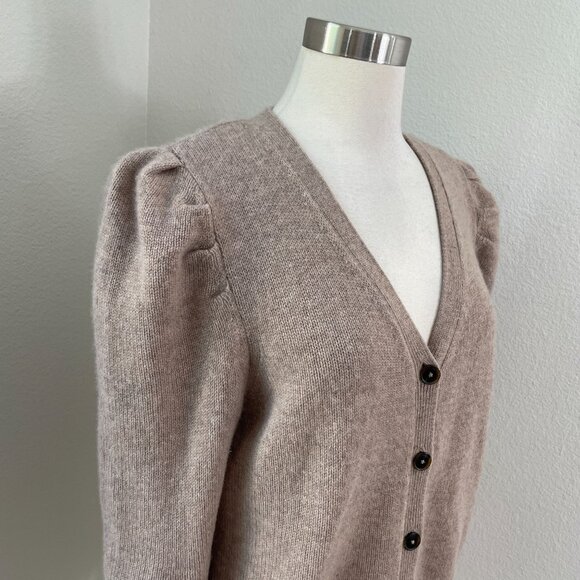 Saks Fifth Avenue Womens Large Puff Sleeve Cashmere Cardigan Light Brown Knit - Picture 2 of 9